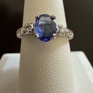 14K White Gold Tanzanite Solitaire with Diamonds Ring size 8